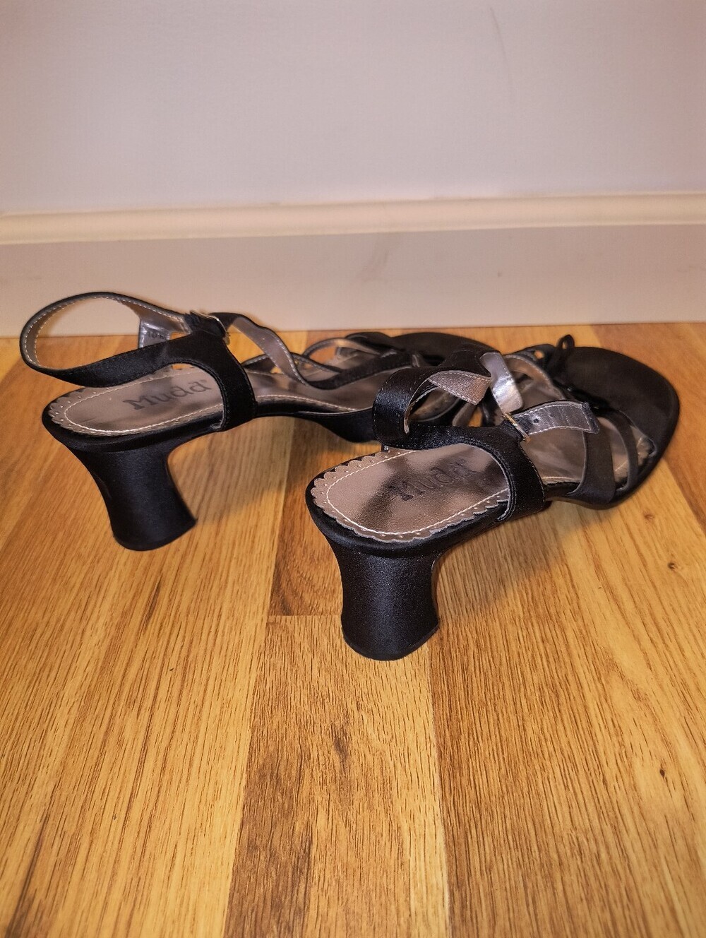 Black Strappy Satin Heeled Sandals - Women's Evening Shoes